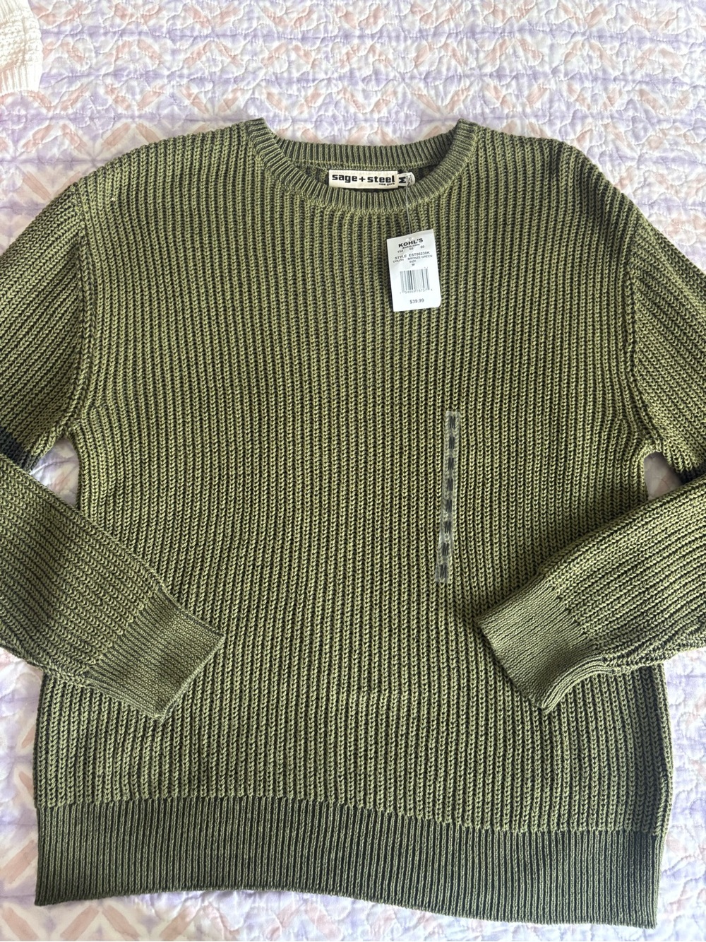 New York & Company Olive Ribbed Crewneck Sweater